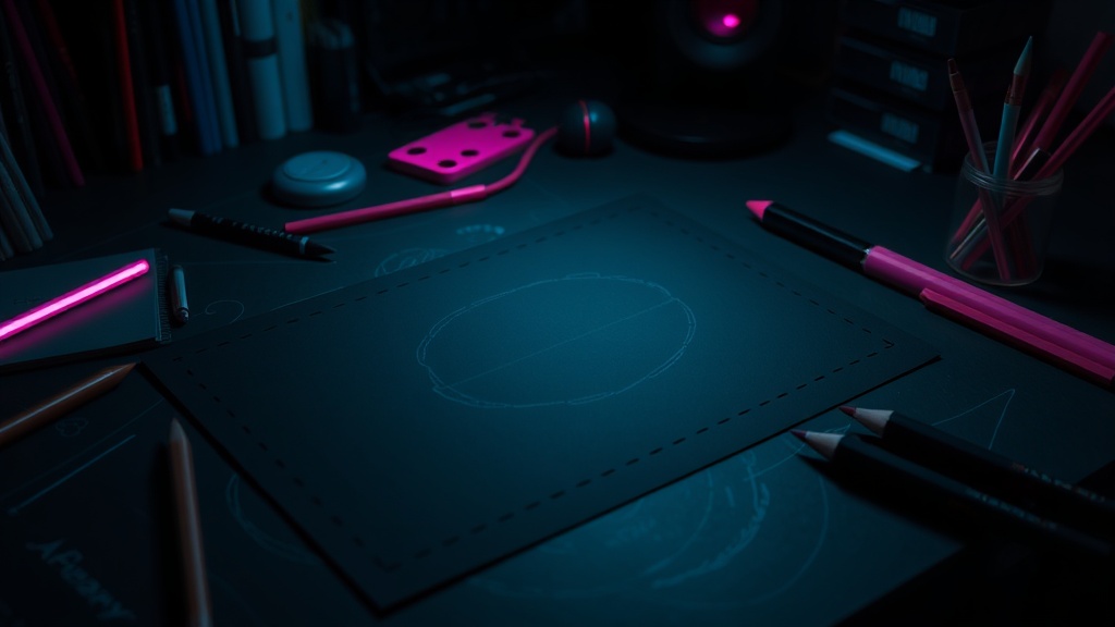Neon sketch studio desk with layered paper and pencil strokes